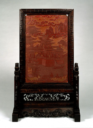 Image of "Screen Design of landscape with pavilions and figures in carved red lacquer"