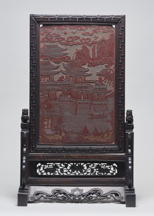 Image of "Screen Design of landscape with pavilions and figures in carved red lacquer"