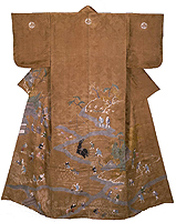 Image of "Kosode (Garment with Small Wrist Openings), Design of agriculture scenes of four seasons on brown figured satin, Edo period, 19th century"