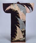Image of "Kosode Type Garment, Waves and mandarin ducks on black figured-satin, Edo period, 17th century (Important Cultural Property)"