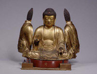 Image of "Seated Shaka Nyorai (Miniature of Kyoto Daibutsu), Wood with gold leaf, Attributed to Fujimura Chuen, Edo period, dated 1664"