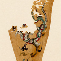 Image of "Pendent Ornament of Canopy, With painted white tiger and snake design on light brown ground, Asuka period, 7th century"