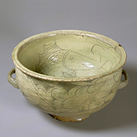 Image of "Bowl with Two Handles, Buncheong ware; fish design in sgraffito on white slip, Korea, Joseon dynasty, 15th - 16th century"