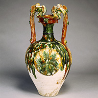 Image of "Vase with Dragon Handles, Three-color glaze, China, Tang dynasty, 8th century (Important Cultural Property, Gift of Dr. Yokogawa Tamisuke)"