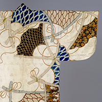 Image of "Kosode (Garment with small wrist openings), Scoop net design on white figured satin ground, Edo period, 17th century"