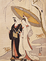 Image of "Actor Ichikawa Yaozo and Segawa Kikunojo as a Young Couple under an Umbrella in Snow, By Ippitsusai Buncho, Edo period, 18th century (Important Art Object)"