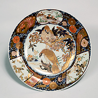 Image of "Large Dish, Cherry blossom and hawk design in overglaze enamel, Imari ware, Edo period, 18th century (Gift of Mr. Kase Reiji)"