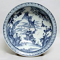 Image of "Large Bowl, Landscape design in underglaze blue, Imari ware, Edo period, 17th century"