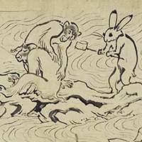 Image of "Scrolls of Choju Giga, Frolicking Animals (detail), Heian Period, 12th century (National Treasure, Lent by Kosan-ji Temple, Kyoto) this scene on exhibit : April 28 - May 17, 2015"