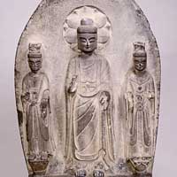 Image of "Standing Buddha Triad, China, Eastern Wei dynasty, 6th century (Important Cultural Property)"