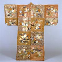Image of "Karaori (Noh costume), Tile, chrysanthemum, and eulalia grass design on gold, red, and yellowish-green checkered ground, Passed down by the Konparu Troupe, Nara, Edo period, 18th century"