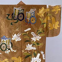 Image of "Nuihaku (Noh costume), Lily and courtly carriage design on brown ground (detail), Passed down by the Konparu Troupe, Azuchi-Momoyama period, 16th century (Important Cultural Property)"
