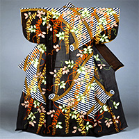 Image of "Katabira (Unlined summer garment), Bamboo curtain and wisteria design on black ramie ground, Formerly owned by vassal of the Kurume Clan, Edo period, 18th century"