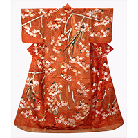 Image of "Uchikake (Outer garment), Bamboo curtain, herbal decoration, and cherry blossom design on red figured satin ground, Edo period, 18th century"