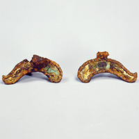 Image of ""f"-shaped Cheek Plates for Horse BitIron covered with gilt bronze, Three Kingdoms period, 5th century (Gift of the Ogura Foundation)"