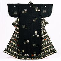 Image of "Kosode (Garment with small wrist openings), Flower-in-square design on black figured satin ground, Edo period, 19th century (Gift of Mr. Noguchi Shinzo)"