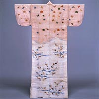 Image of "Katabira (Unlined summer garment), Autumn grasses, symbol for Genji incense game, and butterfly design on parti-colored white and red ramie ground, Edo period, 19th century"