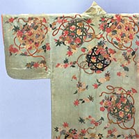 Image of "Kosode (Garment with small wrist openings), Basket of flowers and maple design on light blue crepe, Edo period, 18th century"