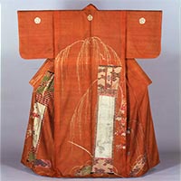 Image of "Kosode (Garment with small wrist openings), Camellia, weeping willow, and hanging scroll design on brown plain-weave silk ground, Edo period, 18th century"