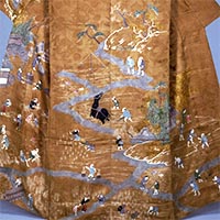 Image of "Kosode (Garment with small wrist openings), Design of agricultural scenes of the four seasons on brown figured satin ground (detail), Edo period, 19th century"