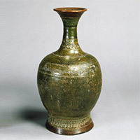 Image of "Long-necked Jar, Green glaze with arch band design, Attributed provenance: Jeollanam-do, Korea, Three Kingdoms period (Baekje), 6th-7th century (Gift of the Ogura Foundation)"