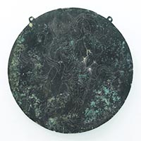 Image of "Mirror with Image of Zao Gongen in Hairline Engraving, Excavated at the Mount Omine Peak Site, Tenkawa-mura, Nara, Heian period, 10th - 12th century (Important Art Object)"