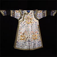 Image of "Chaopao Garment, Dragon and bat design on pale yellow satin ground, Qing dynasty, 19th century (Lent by the Shanghai Museum, exhibit at room 13)"