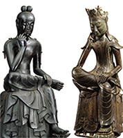 Image of "Pensive Bodhisattva Left: Asuka period, 7th century (National Treasure, Lent by Chuguji Temple, Nara) Right: Three Kingdoms period, 6th century, Korea (National Treasure No. 78, Lent by National Museum of Korea)"