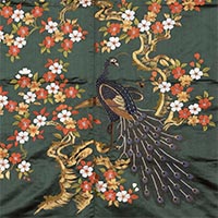 Image of "Fukusa (Gift cover), Cherry blossom and peacock design on green satin ground (detail), Edo period, 19th century"