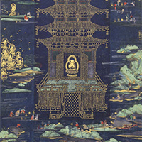 Image of "Jeweled Pagoda Mandala, Sovereign Kings of the Golden Light Sutra written in gold to form the pagoda, Heian period, 12th century (National Treasure, Lent by Daichojuin, Iwate)"