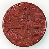 Image of "Covered Box, Pavilion and figure design in carved red lacquer, Ming dynasty, Yongle era (Gift of Mr. Li Keitaku)"