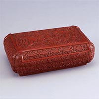 Image of "Covered Box, Dragon and phoenix design in carved red lacquer, Ming dynasty, dated 1592"