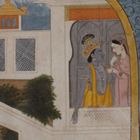 『バルコニーの上で見つめ合うクリシュナとラーダ(部分)　カーングラ派　インド　19世紀初』の画像