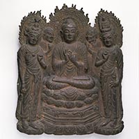 Image of "Amida (Amitabha) Triad and Two Priests, Made by hammering copper plates, Asuka period, 7th century (Important Cultural Property)"