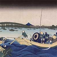 Image of "Thirty-six Views of Mount Fuji: Viewing the Sunset over Ryogoku Bridge from the Onmaya Embankment (detail), By Katsushika Hokusai, Edo period, 19th century"