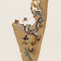 Image of "Pendent Ornament of Canopy, With painted white tiger and snake design on light brown ground (detail), Asuka period, 7th century"