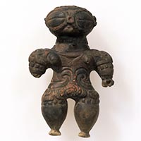 Image of "Dogu (Clay figurine), With goggle-shaped eyes, Excavated at Rokugo ishinadate, Misato-cho, Akita, Jomon period, 1,000–400 BC"