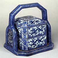 Image of "Tiered Box with Handle, Dragon and wave design in underglaze blue, By Aoki Mokubei, Edo period, 19th century (Important Cultural Property, Gift of Mr. Kasagi Toru)"