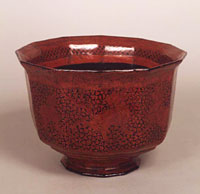 Image of "Dodecagonal Stem Bowl, Fantastic animals in kimma filled-in lacquer, Thailand, 17th century"