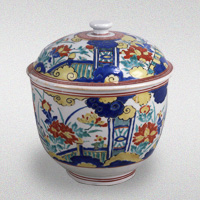 Image of "Lidded Bowl, Peony design in overglaze enamel, Imari ware, Kakiemon type, Edo period, 17th century"