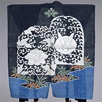 Image of "Kataginu (Kyogen costume), Wave, rabbit, peony, arabesque, sandbank, and sasa bamboo design on black ramie ground, Edo period, 19th century"
