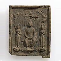 Image of "Tile with Image of Buddha Triad, Excavated at Minami Hokkeji Temple, Takatori-cho, Nara, Asuka period, 7th century (Important Cultural Property)"