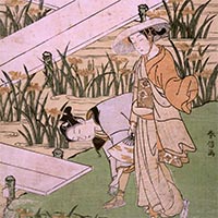 Image of "Allusion to the Yatsuhashi Bridge from The Tales of Ise (detail), By Suzuki Harunobu, Edo period, 18th century"