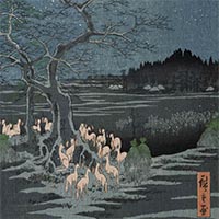 Image of "One Hundred Famous Places of Edo: New Year's Eve Foxfires at the Nettle Tree, Oji (detail), By Utagawa Hiroshige, Edo period, dated 1857"