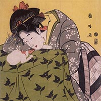 Image of "A Girl and Her Cat at the Kotatsu Warmer (detail), By Utagawa Kunimasa, Edo period, dated 1790–1804 (Important Art Object)"