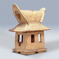 Image of "Haniwa (Terracotta tomb object), House with hipped and gabled roof, Excavated at Tobi, Sakurai-shi, Nara, Kofun period, 5th century (Important Cultural Property)"