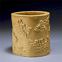『十八羅漢牙彫筆筒　中国　清時代・18世紀　広田松繁氏寄贈』の画像