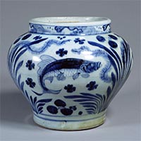 Image of "Jar, Fish and water plant design in underglaze blue, Jingdezhen ware, China, Yuan dynasty, 14th century (Important Cultural Property, Gift of Mr. Tanaka Yoshio)"