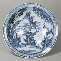 Image of "Large Bowl, Landscape design in underglaze blue, Imari ware, Edo period, 17th century"