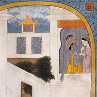 Image of "Krishna and Radha Looking at Each Other on a Balcony, By Kangra school, Beginning of 19th century"
